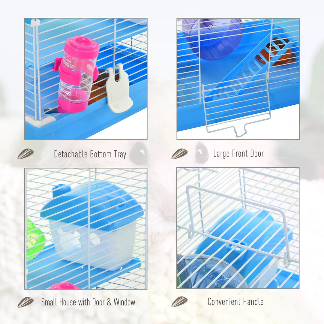 Pawhut 2 Tier Hamster Cage Carrier Habitat Small Animal House with Exercise Wheels Tunnel Tube Water Bottle Dishes for Dwarf Mice, Blue | Aosom UK