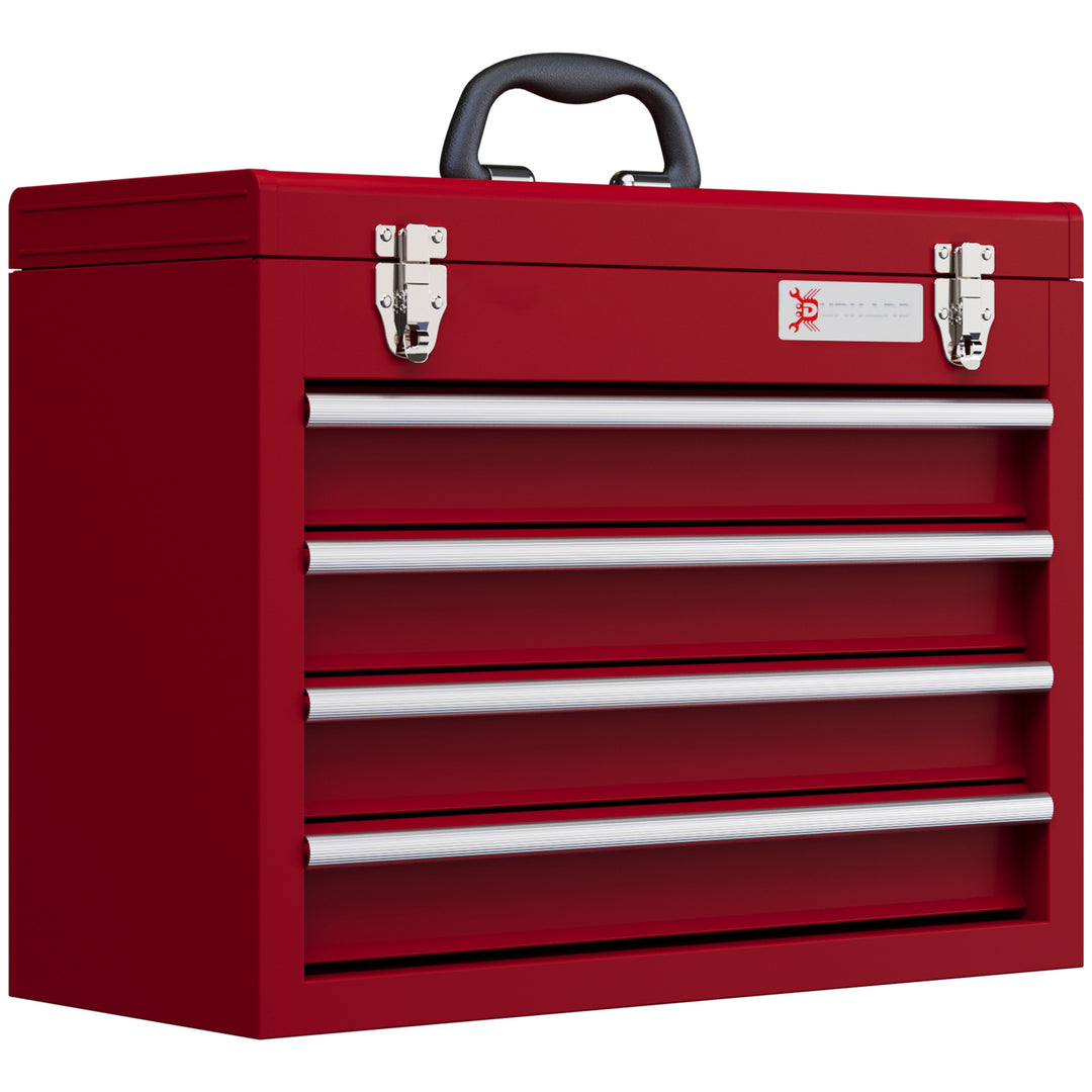 Lockable Metal Tool Box, 4 Drawer Tool Chest with Latches, Handle, Ball Bearing Runners, Red