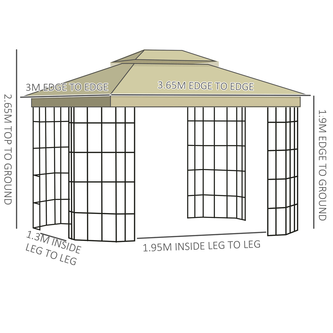 3.7 x 3(m) Patio Gazebo Canopy Garden Tent Shelter with 2 Tiers Roof and Mosquito Netting, Metal Frame, Beige