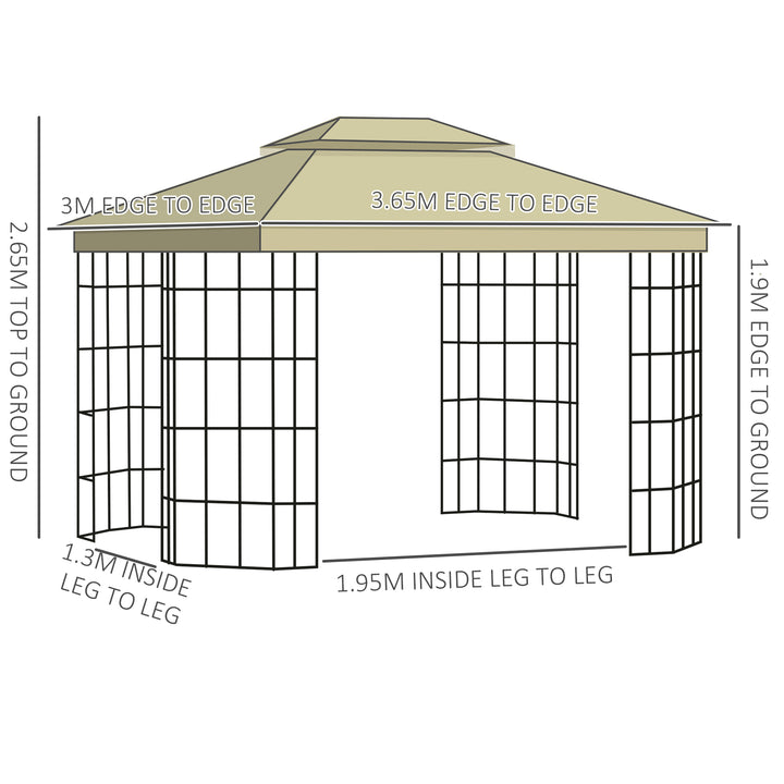3.7 x 3(m) Patio Gazebo Canopy Garden Tent Shelter with 2 Tiers Roof and Mosquito Netting, Metal Frame, Beige
