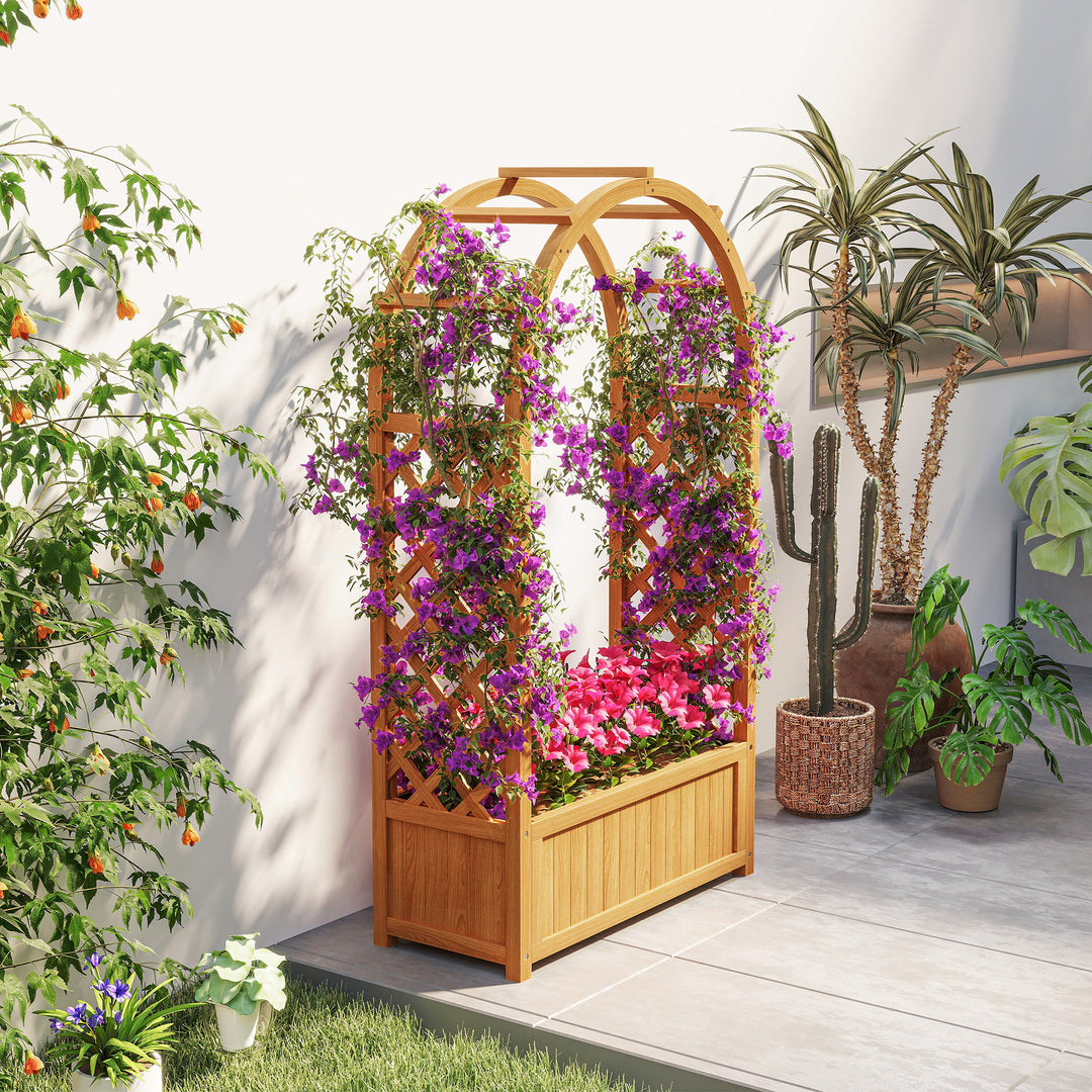 Wooden Raised Garden Bed with Trellis, Liner, Drainage Holes, for Vine Climbing Plants, Flowers, 83 x 36 x 145 cm