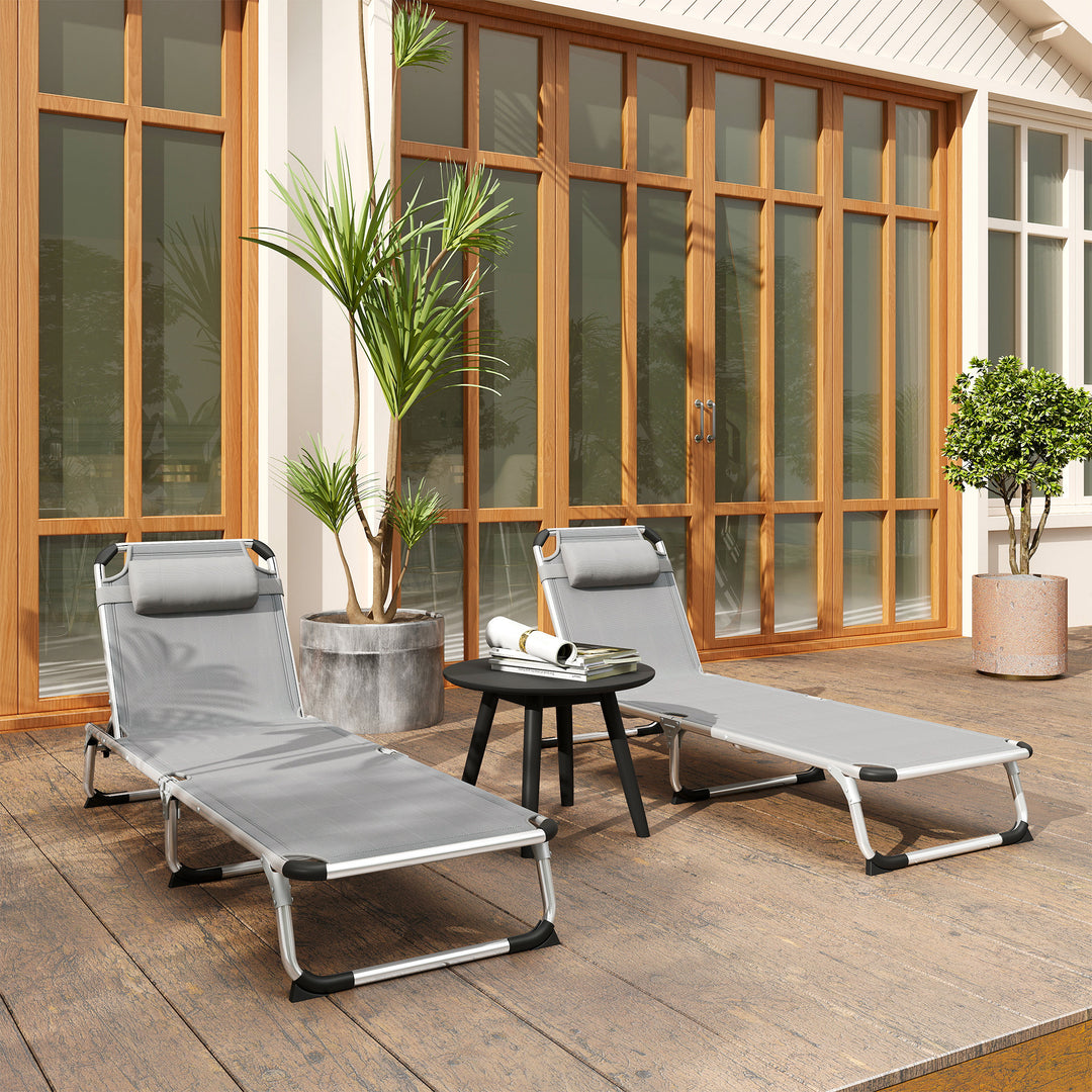 Outsunny Foldable Outdoor Sun Lounger Set of 2, Reclining Lounge Chair Camping Bed Cot with Pillow 4-Level Adjustable Back Aluminium Frame, Light Grey