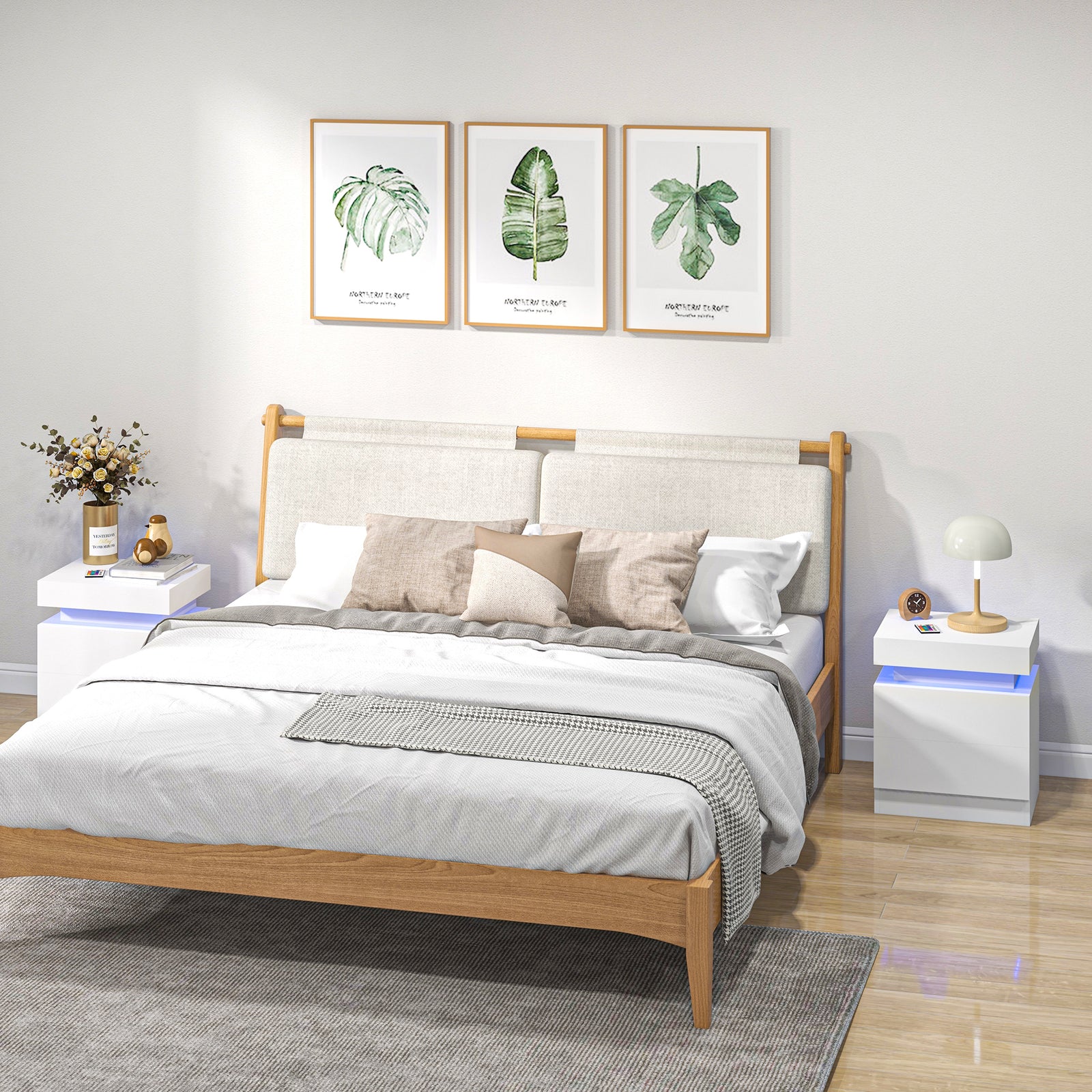 Set of 2 White Bedside Tables with LED Lights, High Gloss Front Nightstands with 4 Drawers