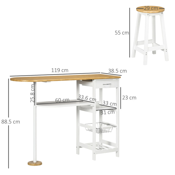 3 Piece Bar Table Set, Breakfast Bar table and Stools with Storage Shelf, Drawer, Wire Basket and Wine Rack for Kitchen, Home Bar, Natural and White