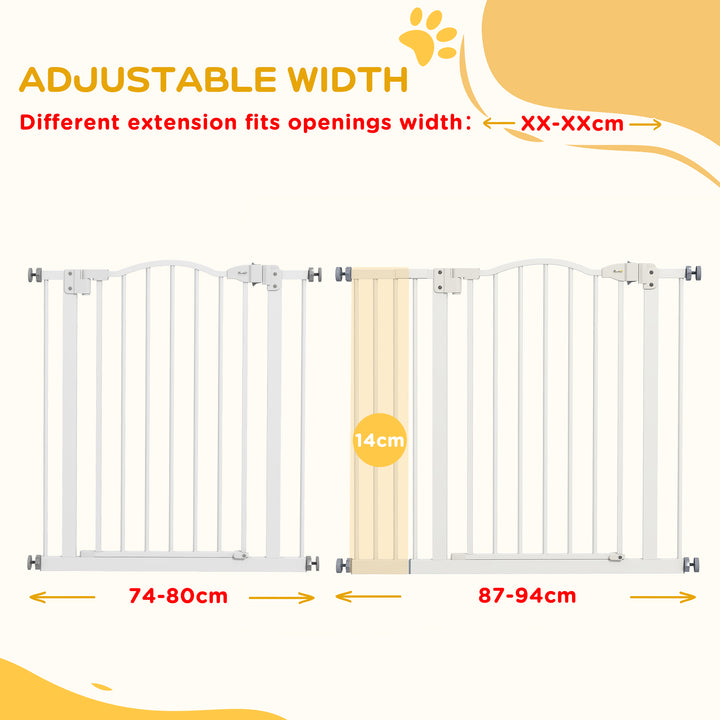 PawHut Adjustable Safety Pet Gate, Metal, Auto-Close Feature, Pressure Mount, 74-94cm, White | Aosom UK