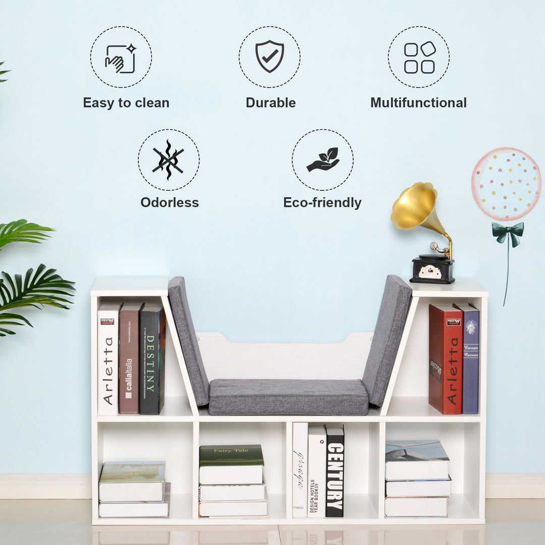 Bookcase Storage Shelf with Cushioned Reading Seat, Cube Bookshelf Organizer for Bedroom Living Room, White