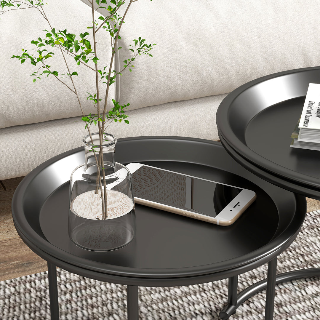 Nesting Tables Set of 2, Side End Table with Removable Tabletop Tray and Steel Frame for Living Room, Bedroom, Black