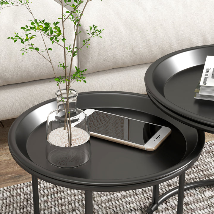 Nesting Tables Set of 2, Side End Table with Removable Tabletop Tray and Steel Frame for Living Room, Bedroom, Black