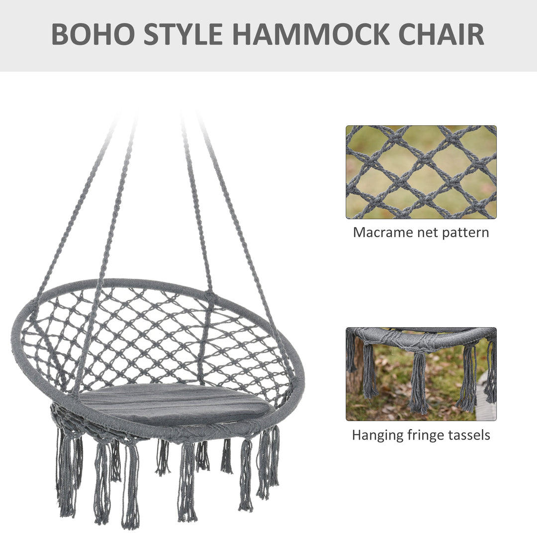 Outdoor Cotton-Polyester Blend Macrame Hanging Rope Chair with Cushion, Portable Garden Chair with Fringe Tassels for Patio, Deck, Tree, Grey
