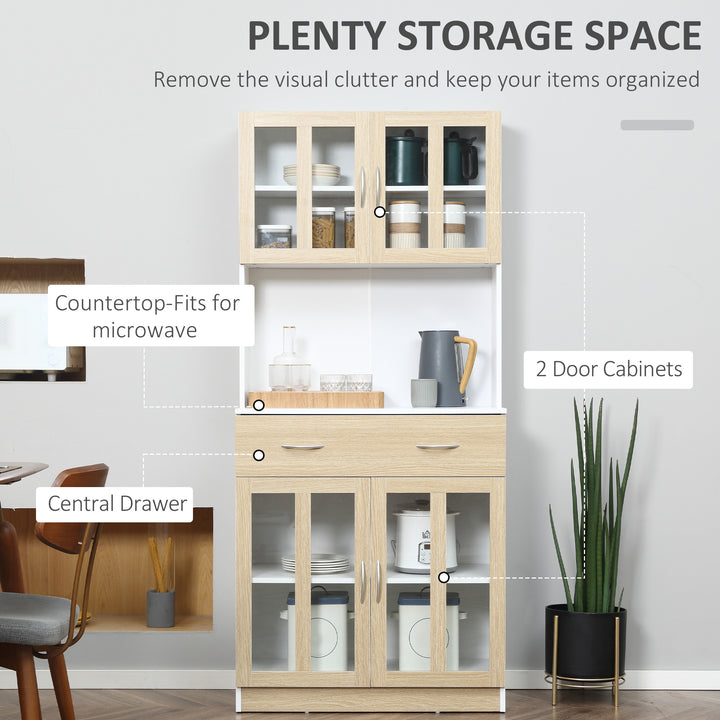 Modern Kitchen Cupboard, Freestanding Storage Cabinet Hutch with Central Drawer, 2 Glass Door Cabinets and Countertop, 180cm