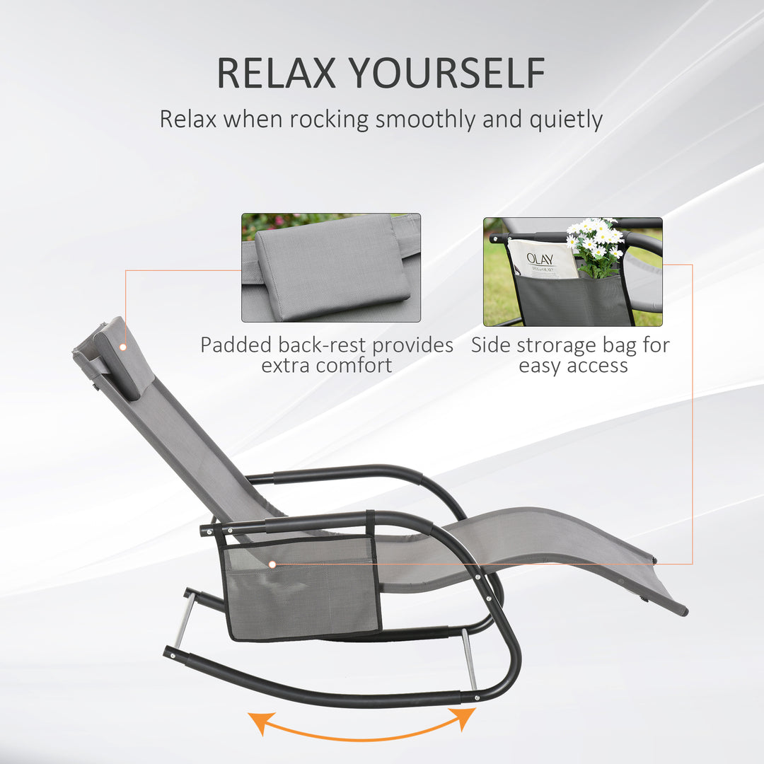 2PCs Outdoor Garden Rocking Chair, Patio Sun Lounger Rocker Chair with Breathable Mesh Fabric, Removable Headrest Pillow, Armrest, Side Storage Bag, Grey
