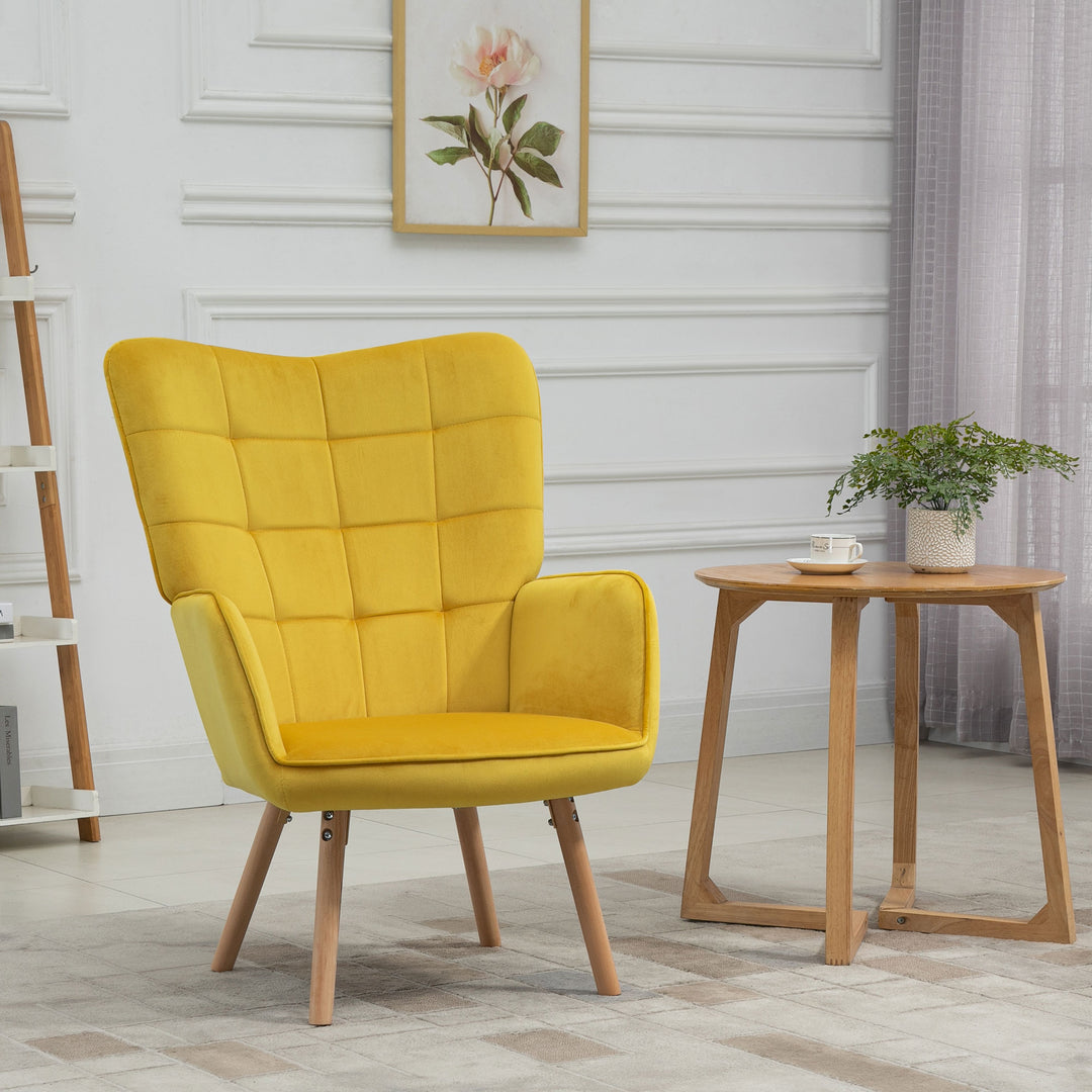 MCL Modern Accent Chair, Upholstered Tufted Wingback Armchair with Seat Padding, Velvet Leisure Lounge Bedroom Chair with Wood Legs, Yellow