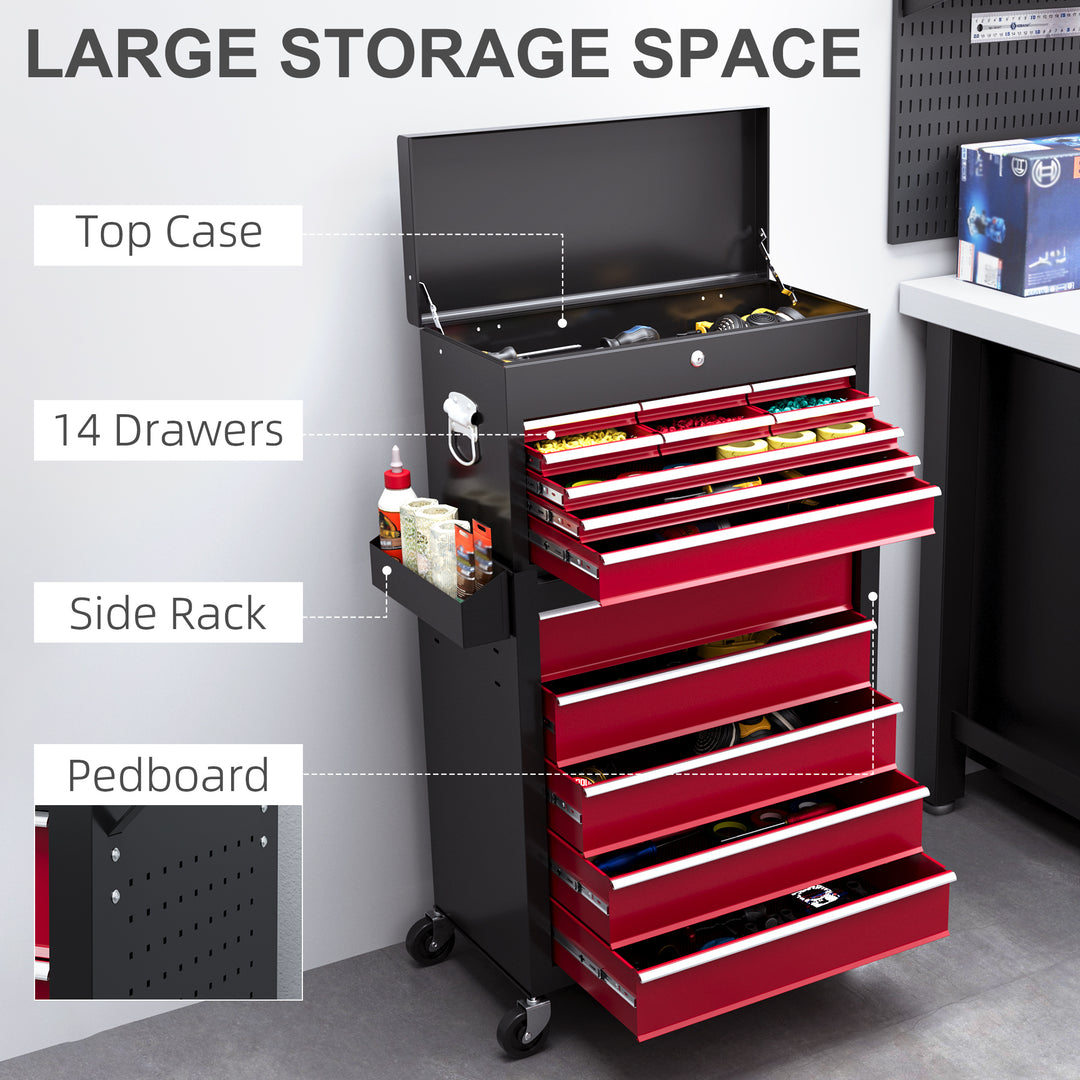 HOMCOM Rolling Tool Cabinet on Wheels w/ 14 Drawers, Pegboard & Side Rack, Lockable Top Tool Chest & Roller Cabinet Combo for Workshop Home | Aosom UK