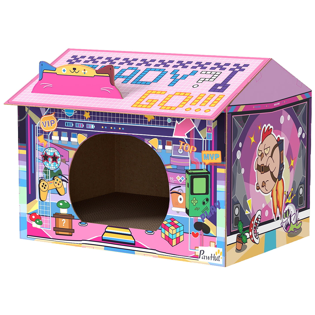 MCL 2 in 1 Gaming Style Cardboard Cat House with Scratching Board & Catnip for Indoor Cats, Pink