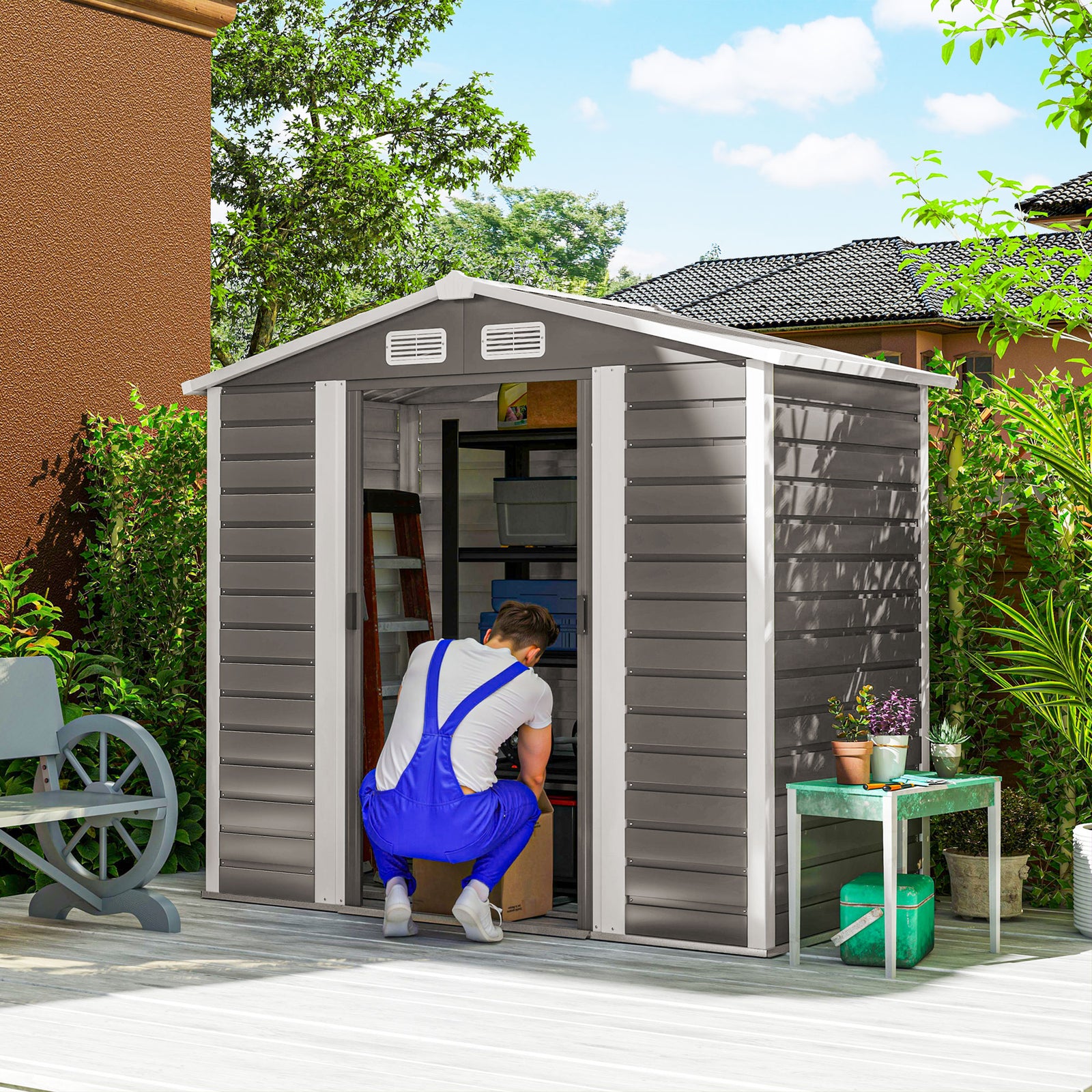 7 x 4ft Garden Shed, Easy to Assemble, Upgraded Galvanised Steel Frame with Foundation Kit, Double Doors with Lock, Outdoor Metal Shed with Vents and Gloves, Garden Storage Shed, Light Grey