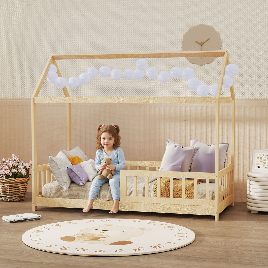 House-Shaped Kids Bed Frame with Guard Rails, Solid Pine Wood Single Bed Frame for Kids Boys and Girls