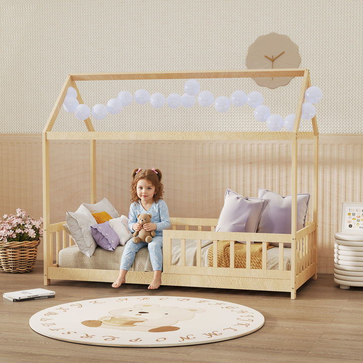 House-Shaped Kids Bed Frame with Guard Rails, Solid Pine Wood Single Bed Frame for Kids Boys and Girls