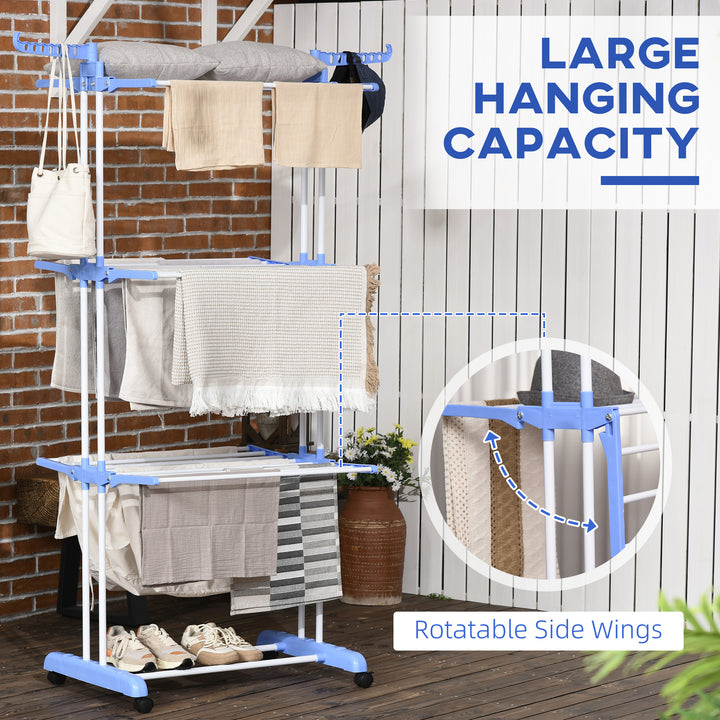 MCL Foldable Clothes Drying Rack, 4-Tier Steel Garment Laundry Rack with Castors for Indoor and Outdoor Use, Blue