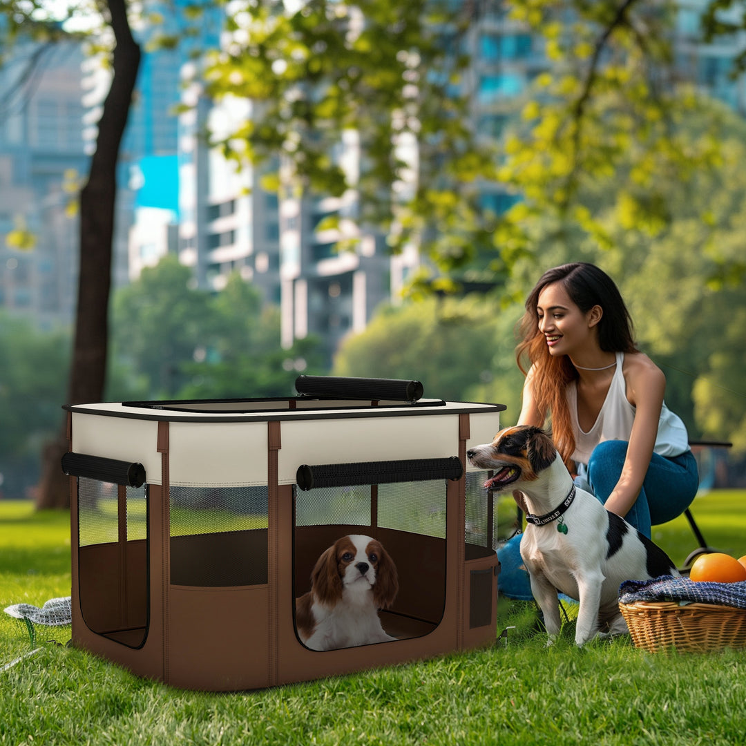 PawHut Foldable Dog Pen with Storage Bag for Indoor/Outdoor Use, Brown | Aosom UK