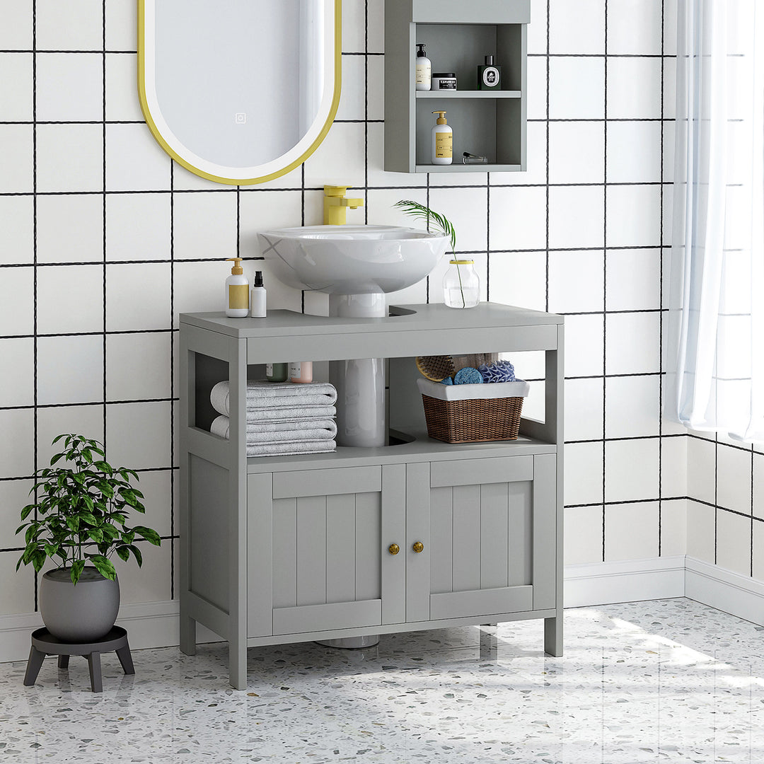 MCL Pedestal Under Sink Cabinet with Double Doors, Modern Bathroom Vanity Storage Unit with Shelves, Light Grey