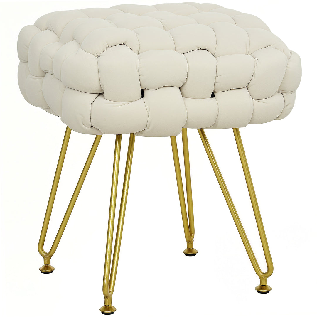 Velvet-Feel Bold Woven Footstool - Cream White