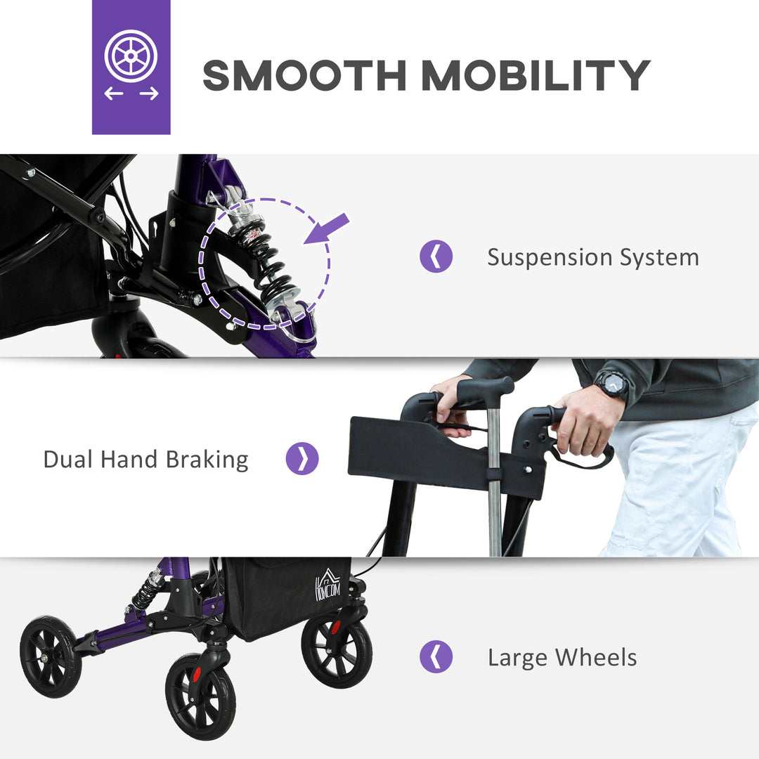 Folding Rollator Walker with Seat, Backrest, Lightweight Walking Frame with Storage Bag, Dual Brakes, Adjustable Handle Height, Suspension System, 4 Wheeled Walker for Seniors, Purple