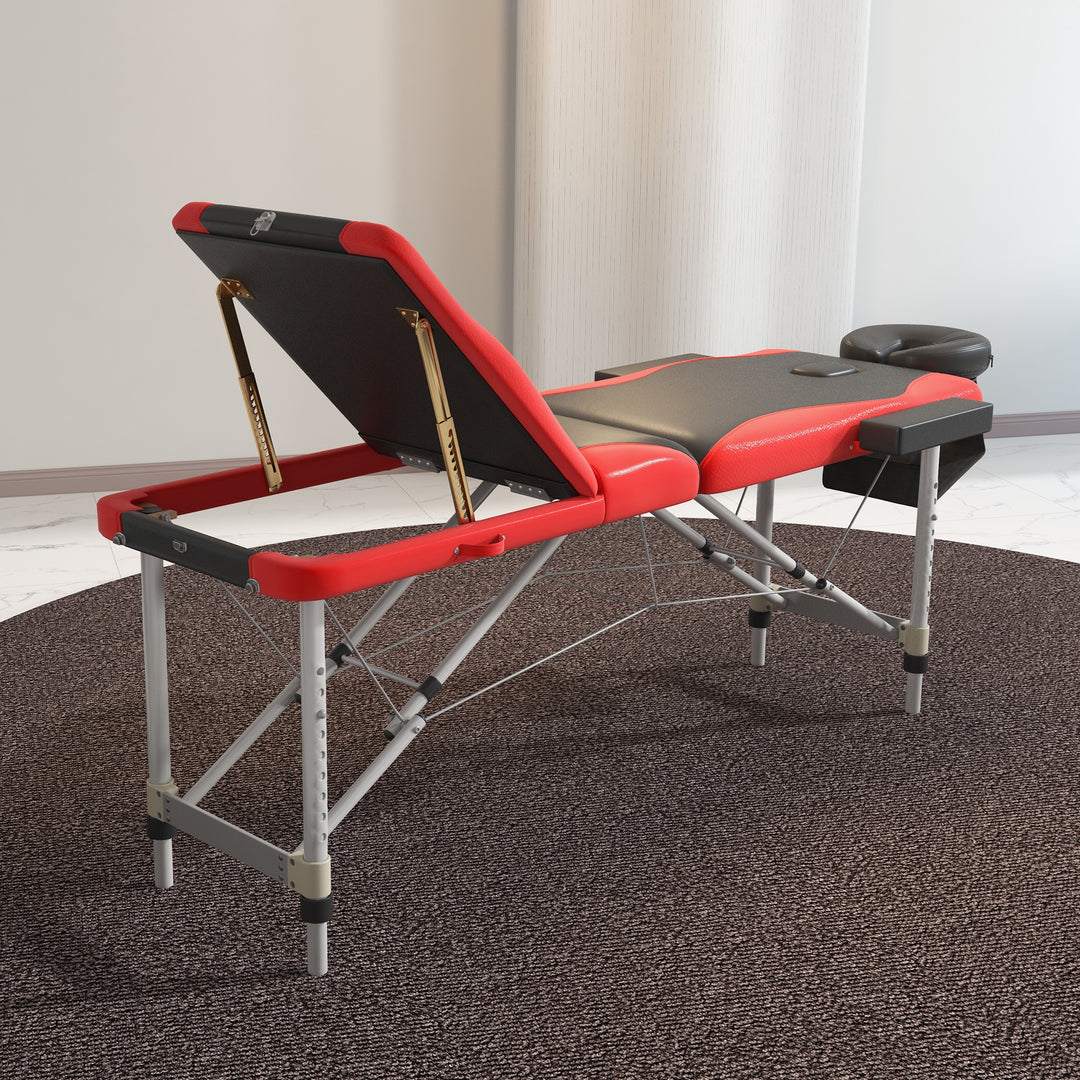 Foldable Massage Bed Portable Table, 3-Section Aluminium Foldable Beauty Couch, Professional Salon Spa Table with Headrest Support and Carry Bag, 60 cm Width, Black and Red