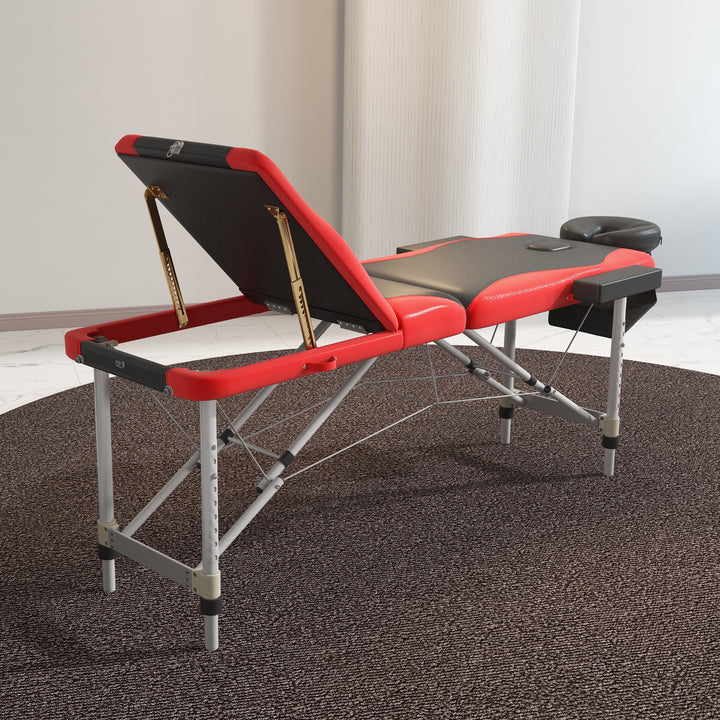 Foldable Massage Bed Portable Table, 3-Section Aluminium Foldable Beauty Couch, Professional Salon Spa Table with Headrest Support and Carry Bag, 60 cm Width, Black and Red