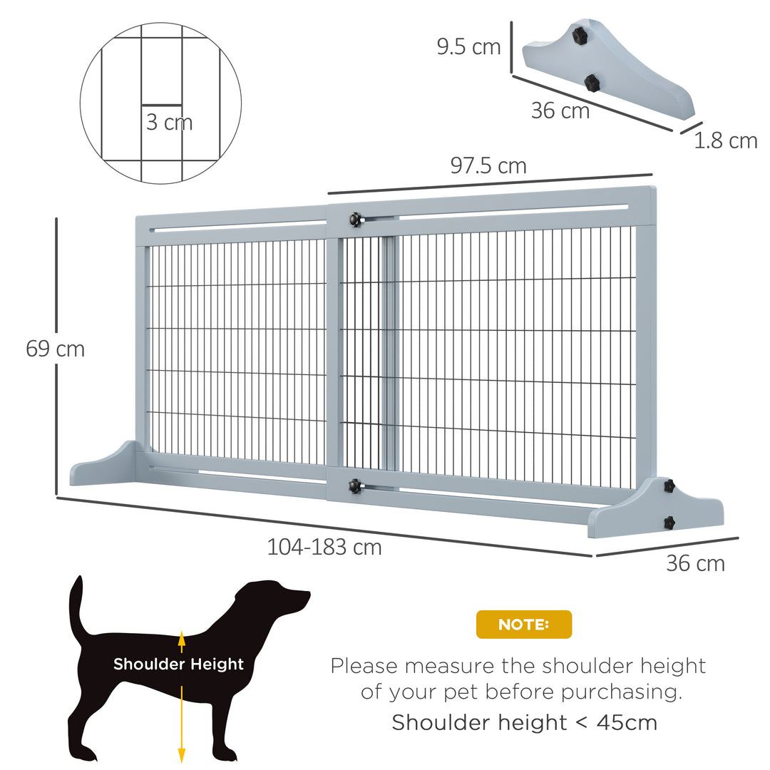 MCL Freestanding Dog Gate, Foldable Pet Fence, Indoor Wood Barrier, Stair Gate with Support Feet, for Doorway, Hallway, Small and Medium Dogs, 69H x 104-183 cm, Blue-grey