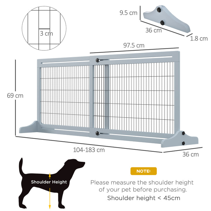 MCL Freestanding Dog Gate, Foldable Pet Fence, Indoor Wood Barrier, Stair Gate with Support Feet, for Doorway, Hallway, Small and Medium Dogs, 69H x 104-183 cm, Blue-grey
