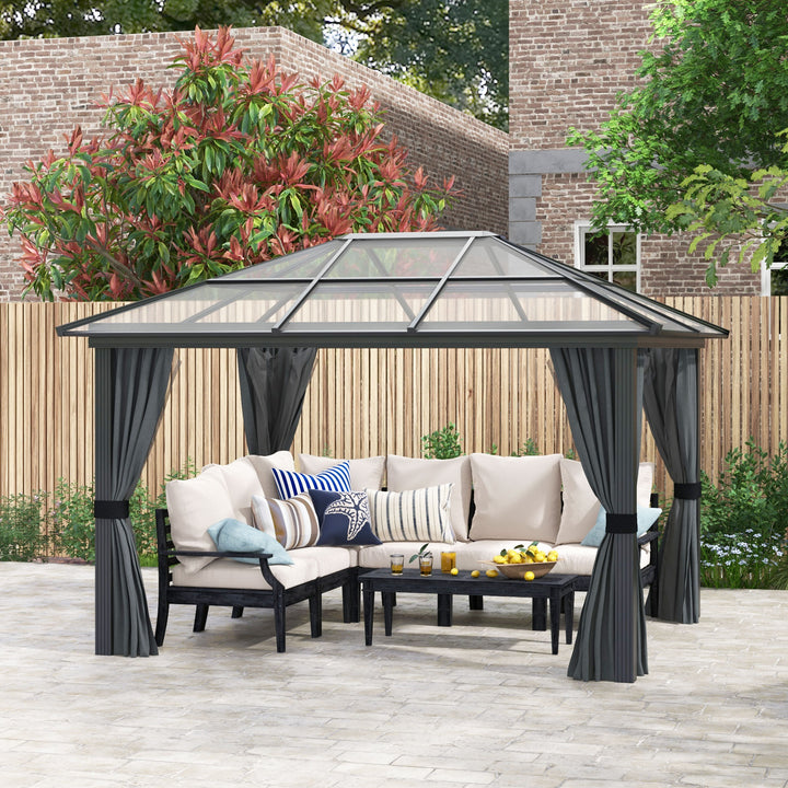 Outsunny 3 x 3.6m Hardtop Gazebo with UV Resistant Polycarbonate Roof and Aluminium Frame, Garden Pavilion with Mosquito Netting and Curtains