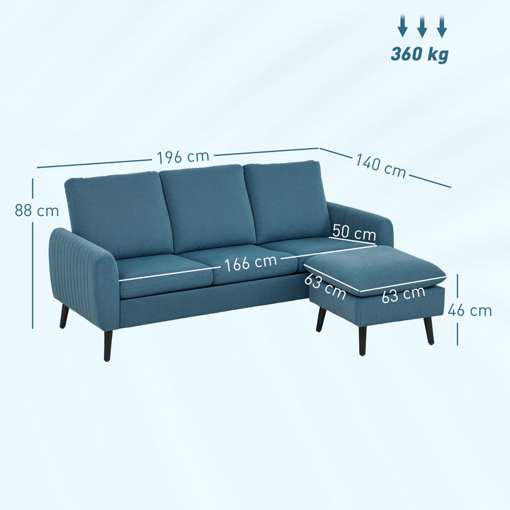 3 Seater Sofa with Ottoman, 196cm Corduroy L-shaped Sofa Couch with Scatter Back, Reversible Chaise Lounge for Living Room, Home Office, Small Spaces, Blue