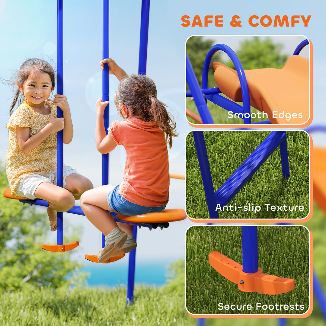 Four-In-One Metal Garden Swing Set, with Double Swings, Glider, Slider, Ladder - Orange and Blue