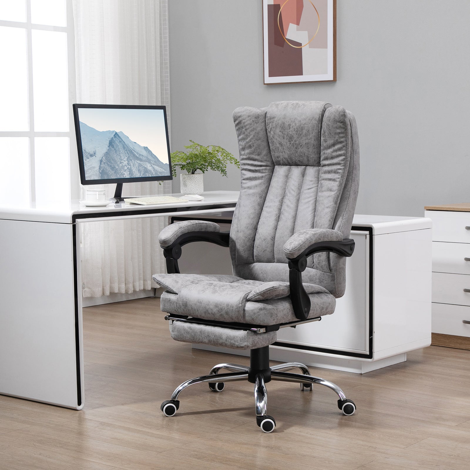 Office Chair with Massage and Heat, Microfibre Reclining Computer Desk Chair with Footrest and Adjustable Height, Swivel Wheels for Home Office, Grey