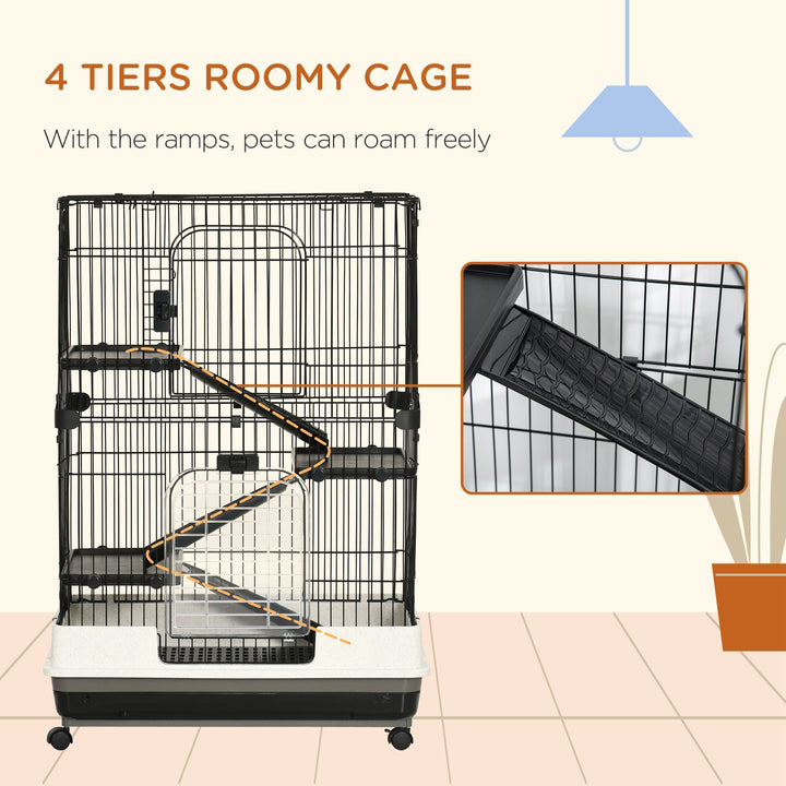Four-Tier Small Animal Cage, for Bunnies, Ferrets, Chinchillas w/ Wheels, Tray - Black