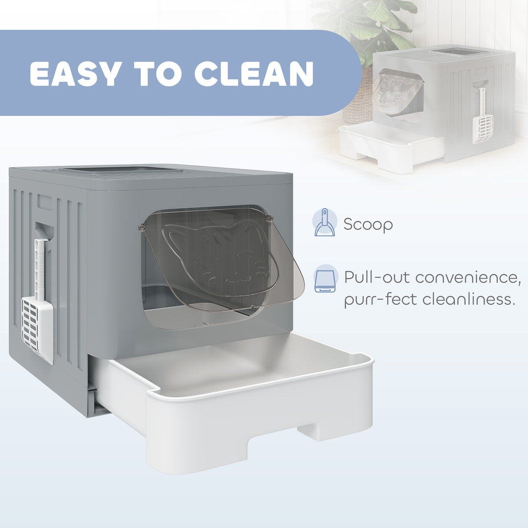 Foldable Cat Litter Box with Lid, Slide-Out Drawer, Scoop, Easy Clean, Odour Control, Anti-Splashing