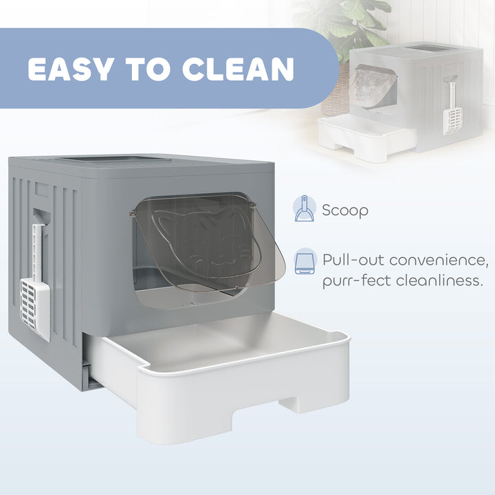 Foldable Cat Litter Box with Lid, Slide-Out Drawer, Scoop, Easy Clean, Odour Control, Anti-Splashing