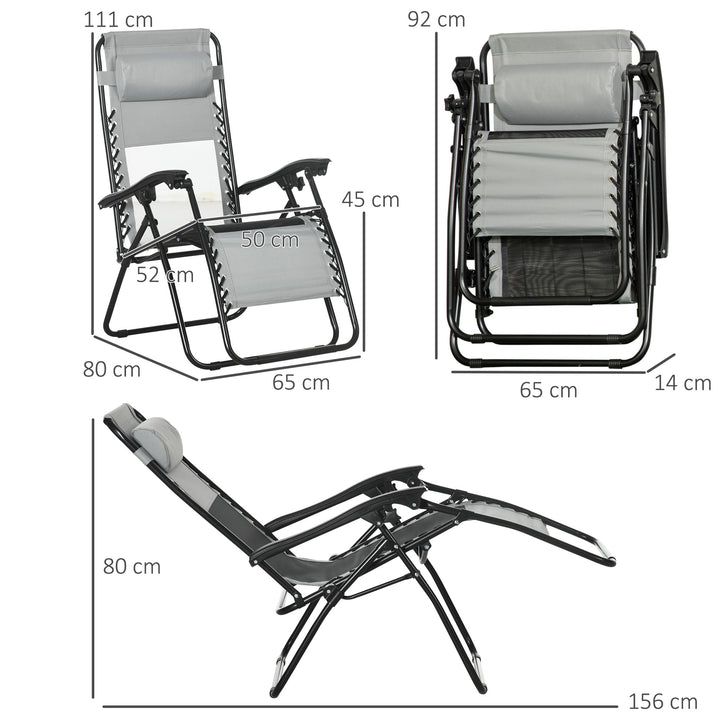 Outsunny Set of 2 Garden Recliners, Foldable Zero Gravity Outdoor Chair Set with Footrest & Removable Headrest, Grey