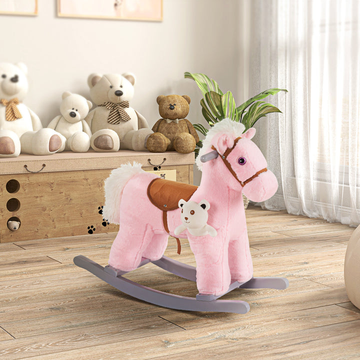 HOMCOM Plush Children's Rocking Horse Toy with Realistic Sounds, Soft Ride-On for Toddlers 18-36 Months, Pink | Aosom UK