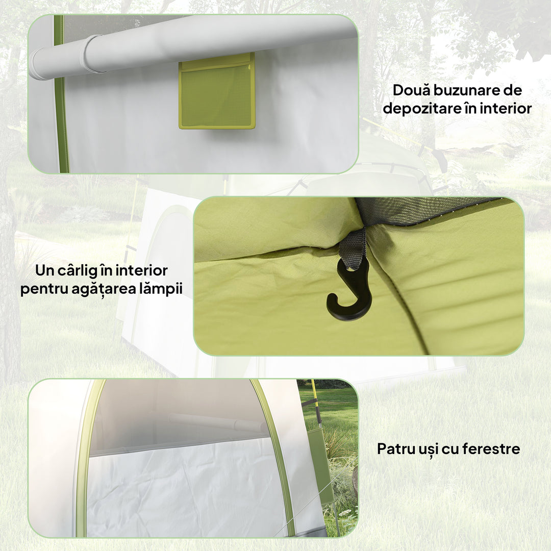 Instant Pop Up Camping Tent, 4 Man Dome Tent with 4 Doors, Sewn-in Groundsheet, Carry Bag and Top Hook for Fishing Hiking Festival, Green