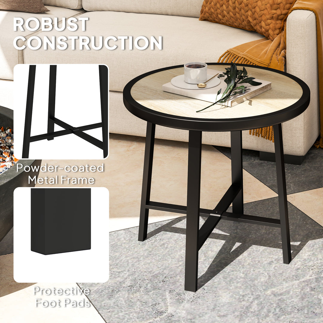 Round Small Garden Table, 50.5cm Outdoor Side Table with SPC Tabletop, Metal Frame and Anti-slip Foot Pads for Garden, Balcony, Nature Wood Finish