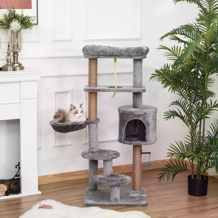 PawHut Cat Tree with Jute Scratching Posts, 120cm, Perch, Hammock, Hanging Ball, Teasing Rope, Condo, Light Grey | Aosom UK