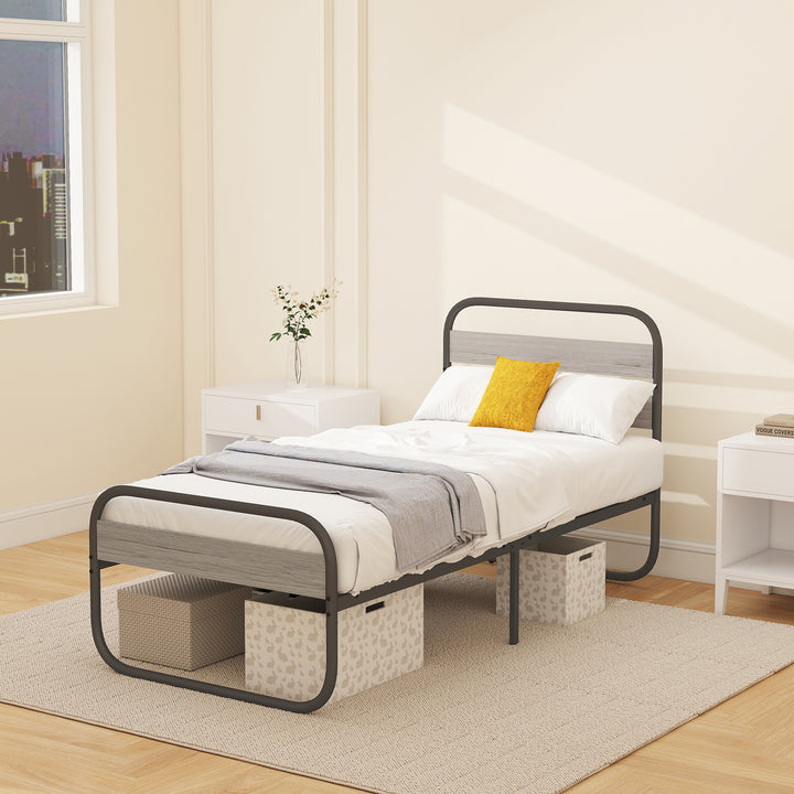 3ft Single Bed Frame, Industrial Style Metal Platform Bed Frame with Under Bed Storage, No Box Spring Needed, Easy Assembly, Grey