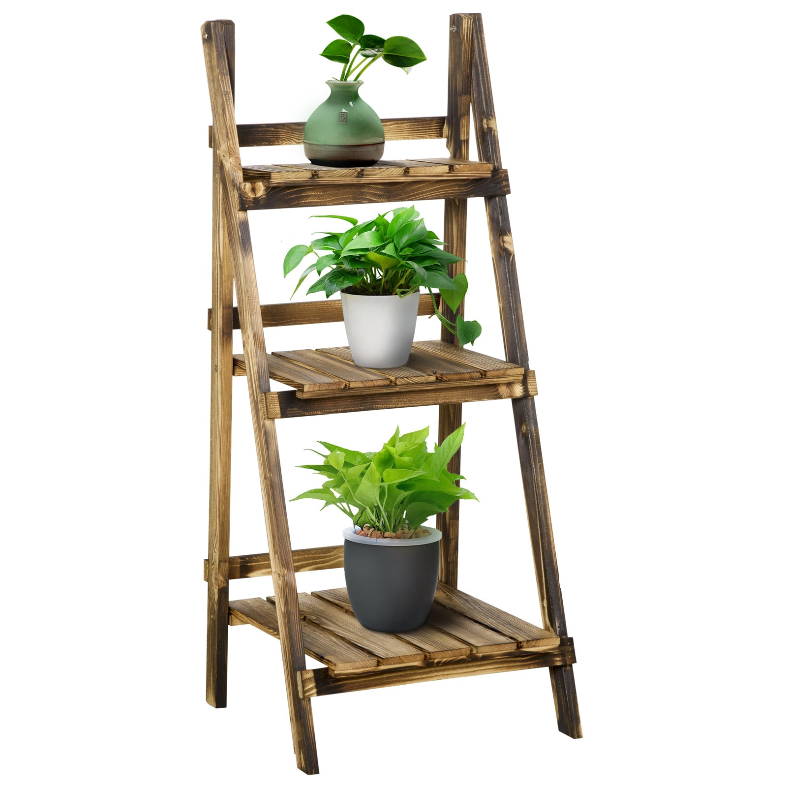 Wooden Folding Flower Pot Stand 3 Tier Garden Planter Display Ladder Gardener Storage Shelves Rack Herb Holder (40L x 37W x 93H cm)