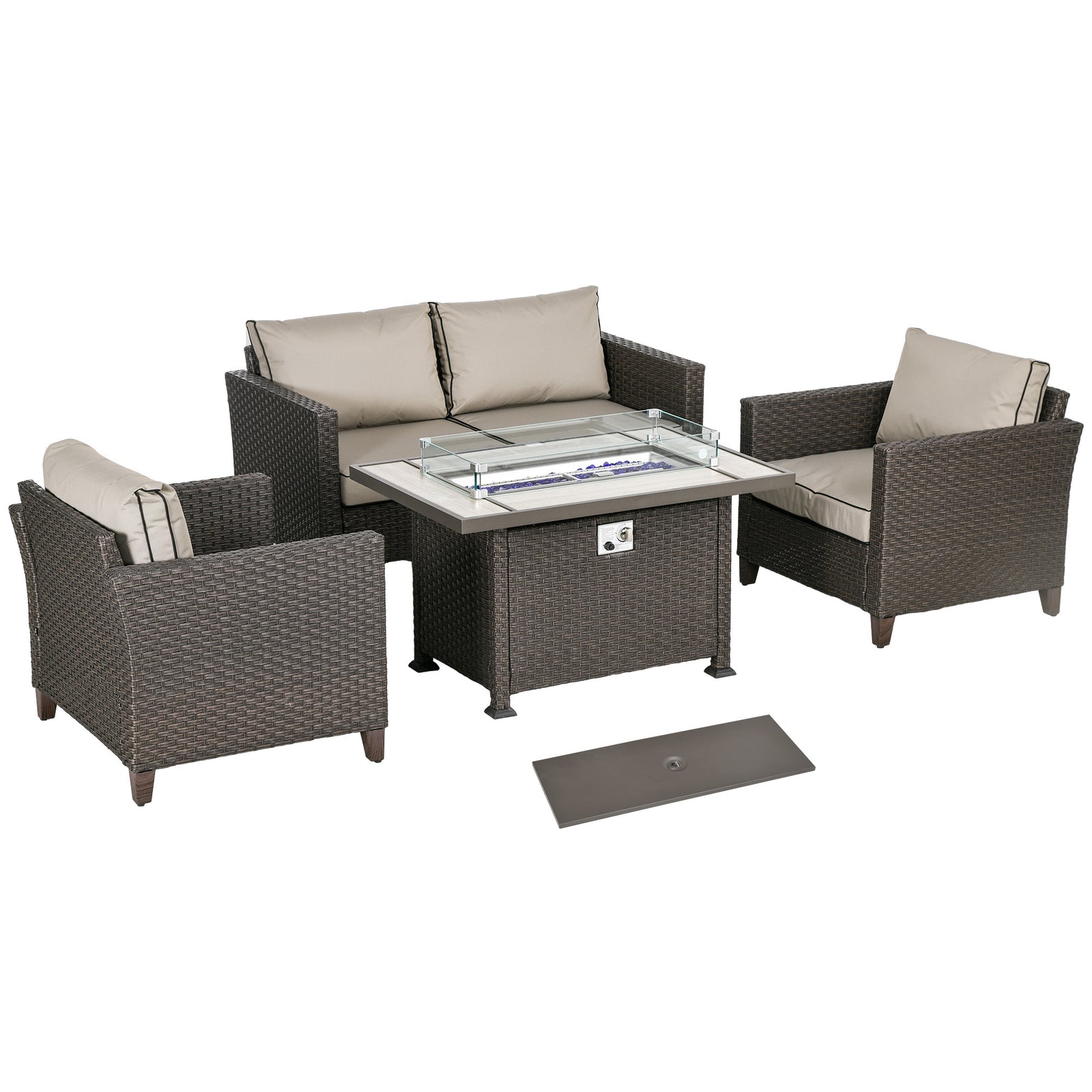 5-Piece Rattan Patio Furniture Set with Gas Fire Pit Table, Loveseat Sofa, Armchairs, Cushions, Pillows, Dark Brown