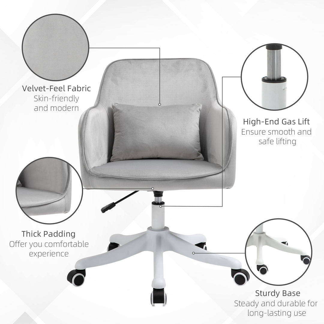 Velvet Office Chair, Desk Chair, Makeup Vanity Chair with Massage Lumbar Pillow and Rolling Wheels for Bedroom and Home, Grey