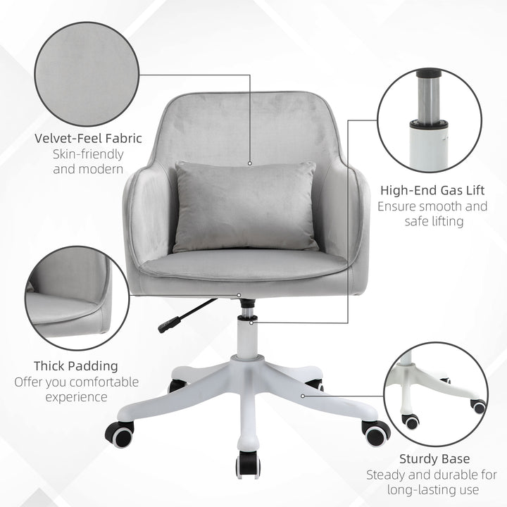 Velvet Office Chair, Desk Chair, Makeup Vanity Chair with Massage Lumbar Pillow and Rolling Wheels for Bedroom and Home, Grey