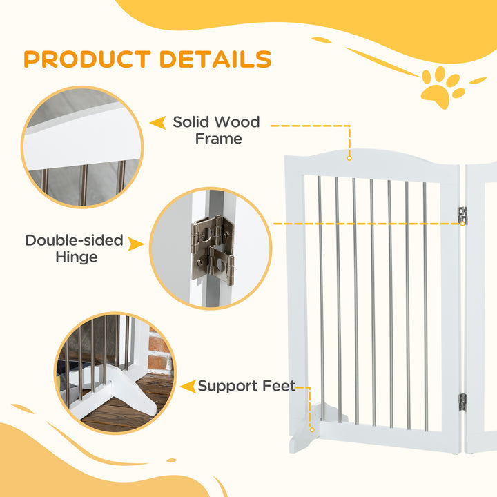 PawHut Foldable Dog Gate, Wooden Freestanding Pet Gate with 2 Support Feet, Dog Barrier for Doorways, Stairs, Halls - White | Aosom UK