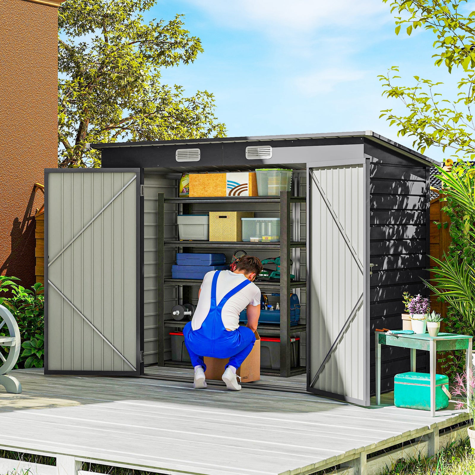 3.7 x 7.9ft Galvanised Steel Shed, with Latched Door and Padlock - Grey