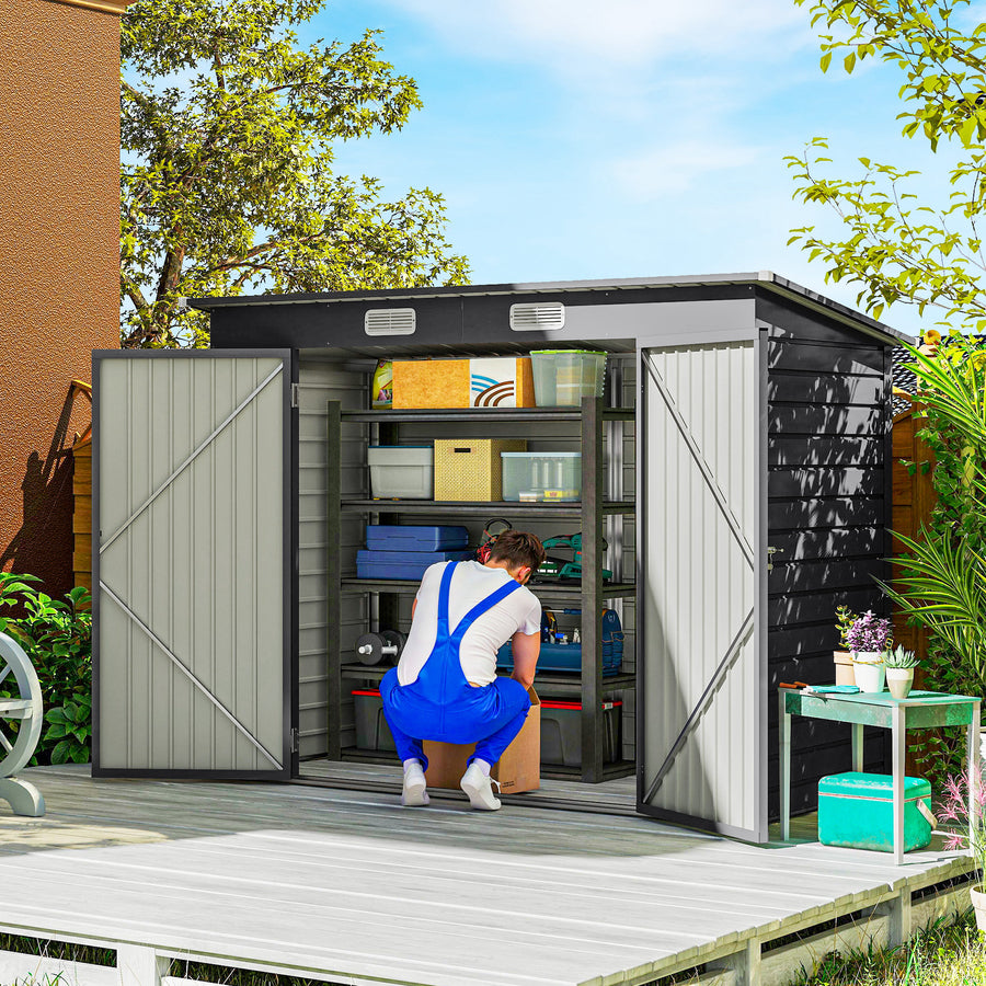 3.7 x 7.9ft Galvanised Steel Shed, with Latched Door and Padlock - Grey